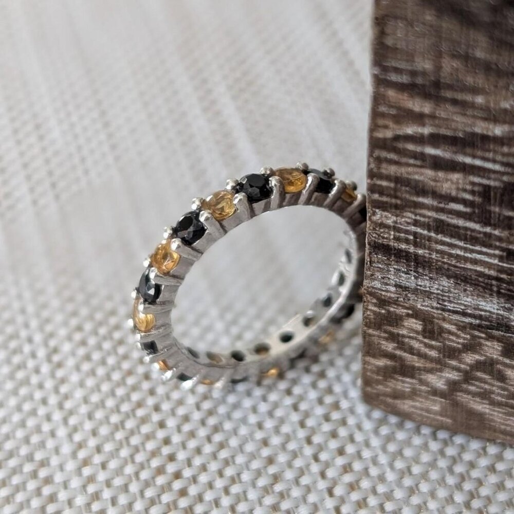 Black Spinel and Citrine Eternity Ring in Sterling Silver - Engagement Ring -4.5